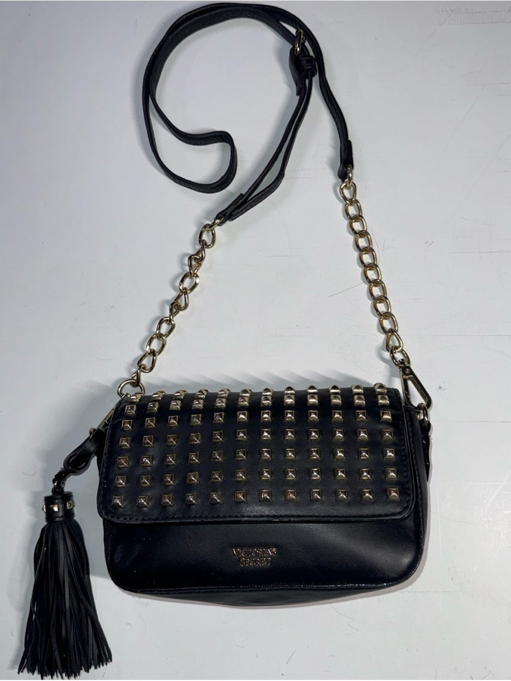 Victoria's Secret Black Crossbody Bag with Gold Studs and Tassel